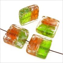 Lot de 4 Perles en Verre Lampwork Carrées Vert et Marron Feuille d'Or 20mm