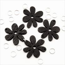 Lot de 10 Perles Fleurs en Bois 25mm Noir + Anneaux de Jonction